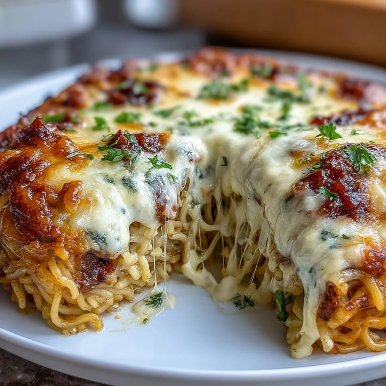 Savory, cheesy Carbonara Buldak Ramen Bake ready to be served.
