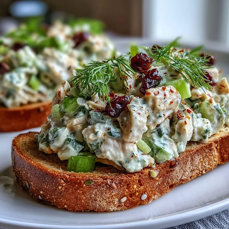 Tangy dill pickle chicken salad piled high on golden toasted bread.