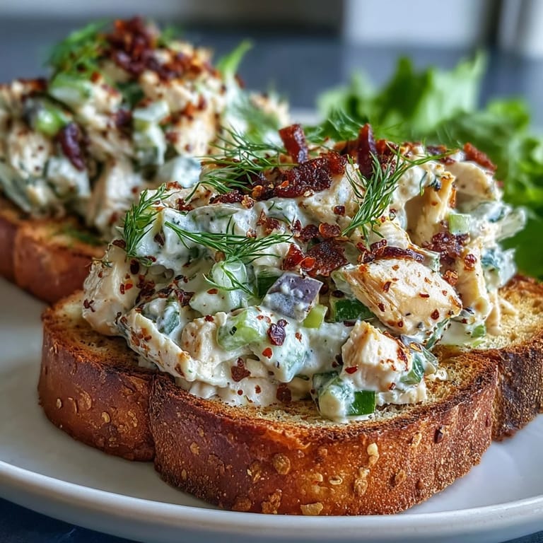 Deliciously zesty spicy pickle chicken salad toasts, an easy American snack.