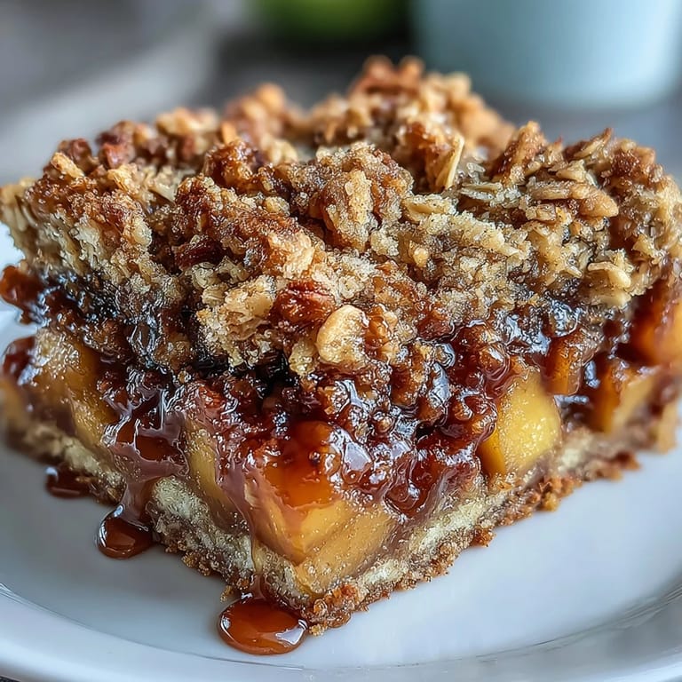 Close-up of a delicious Early Fall Apple Peach Crumble Bars slice.