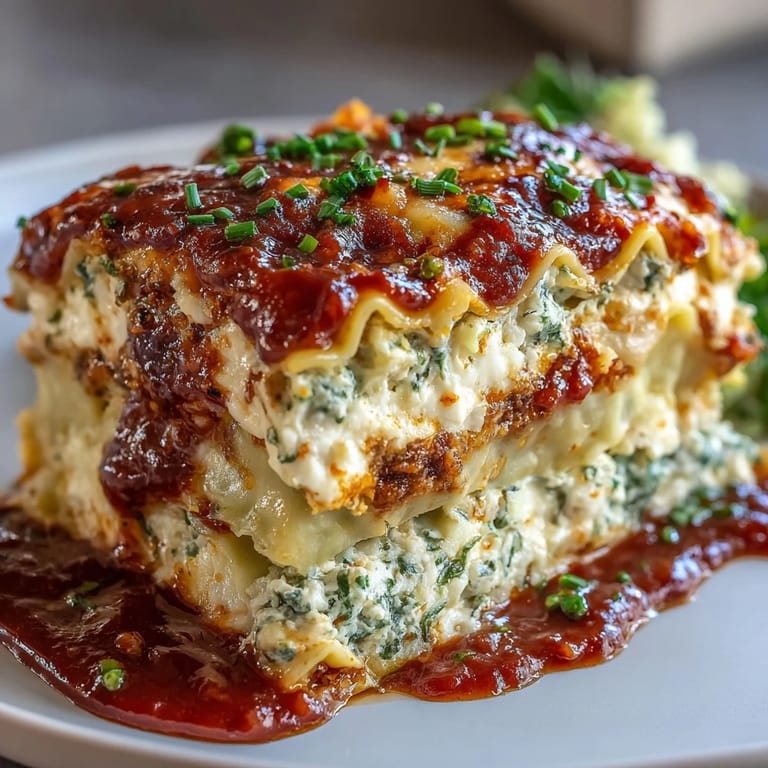 Comforting Cabbage Dumpling Lasagna layered with rich tomato sauce and cheese.