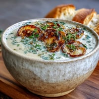 Steaming bowls of Roasted Garlic and Herb Soup garnished with fresh chives.