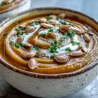 Creamy acorn squash soup served in a rustic bowl, garnished with toasted pumpkin seeds and fresh chives.