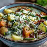 Creamy Parmesan Veggie Soup steaming in a bowl, garnished with fresh parsley and extra grated cheese.
