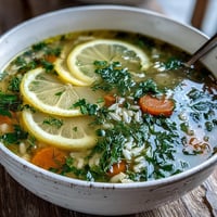 Bright yellow Lemon Herb Soup steaming in a white bowl, topped with fresh parsley and dill.