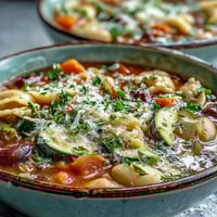 Homemade Vegetable Minestrone soup simmering in a pot, loaded with seasonal veggies, creamy beans, and tender pasta.