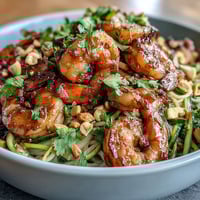 Freshly cooked Asian Noodle Bowl with tender shrimp, crisp zucchini, and shredded carrots in a wok, tossed in savory sauce.