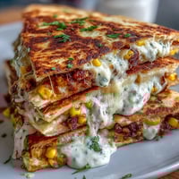 Cinco de Mayo Street Corn Quesadillas with Chipotle Crema, golden and gooey with charred corn and melty cheese.