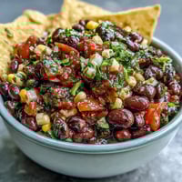 Vibrant 3-ingredient cowboy caviar dip with black beans, corn, and pico de gallo, served with crispy tortilla chips.
