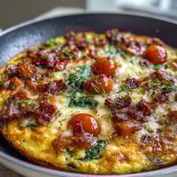 Savory One-Pan Ham and Swiss Frittata with tender spinach, juicy tomatoes, and melted Swiss cheese.