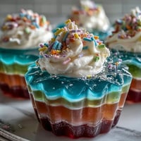 Colorful Rainbow Jello Cups with bright layers of fruity gelatin and whipped cream topping.