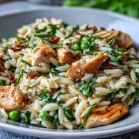 Creamy One-Pot Lemon Orzo with Chicken and Peas, a bright Mediterranean-inspired dinner in a single skillet.  