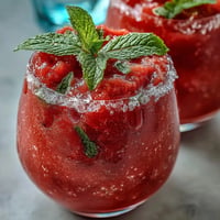 Refreshing Watermelon Mint Frosé, a colorful frozen pink drink perfect for summer.