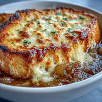 Bubbling Gruyère cheese topping on a quick onion soup gratin, served hot.