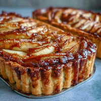 Golden brown Fast Apple Tart fresh from oven, glistening with jam.