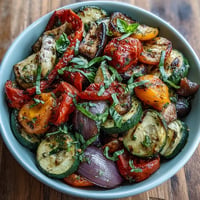 Vibrant Easy Oven Ratatouille overflowing with tender roasted summer vegetables and fresh basil.