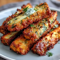 Crispy Parmesan Zucchini Fries baked golden brown, ready with a marinara dip.