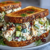 Spicy Pickle Chicken Salad Toasts recipe photo with fresh dill garnish.